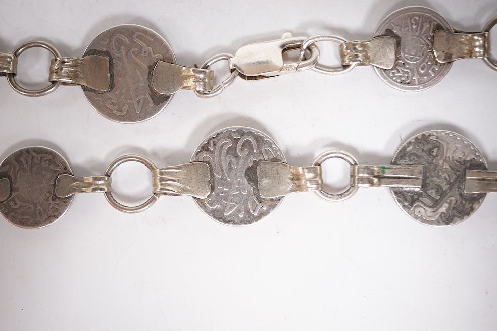 An early 1960's Georg Jensen sterling brooch, no. 339 (designed by Henning Koppel, 58mm, together with a small group of jewellery and other items including a pair of silver oval cufflinks, a Persian coin necklace, a 14ct